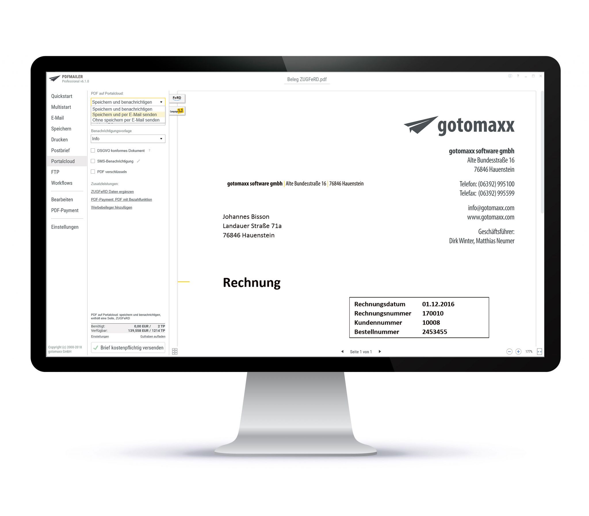 PDF Software PDFMAILER inkl. Payment-Option gotomaxx PDFMAILER 6.0 mon2